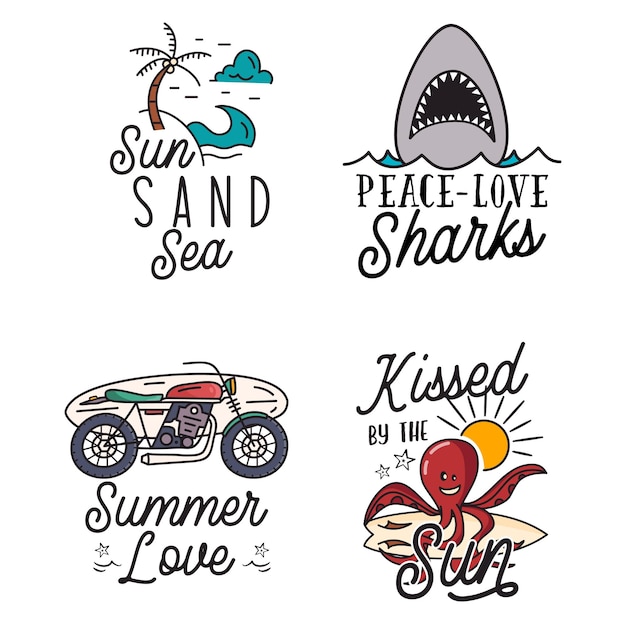 Summer badges set with different quotes and sayings Kissed By the Sun Retro beach logos VIntage surfing labels and emblems Stock vector graphics