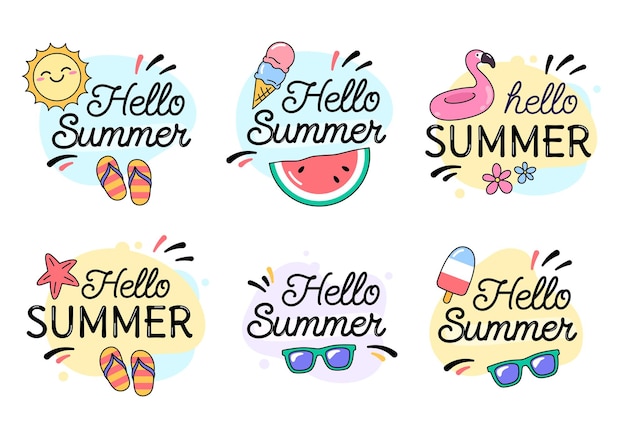 Summer badges stickers emblems Hello summer holiday vacation beach hand drawn illustrations objects