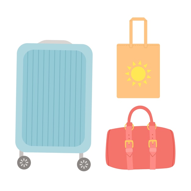 フラットなデザインのベクトル図のスーツケースの夏のバッグセット