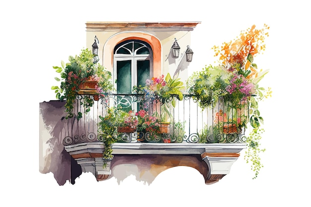 Summer balcony watercolor Vector illustration desing