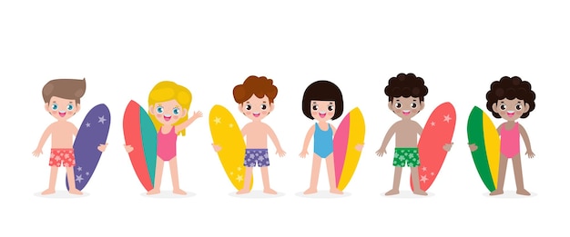 Вектор Летний баннер и набор милых детей-серфингистов с доской для серфинга