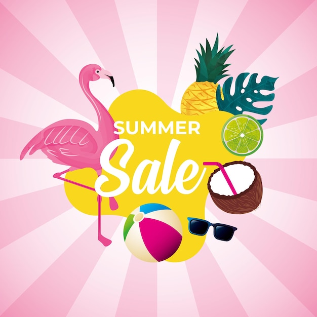 Summer banner. flamingo between tropical fruits and leaves. summer sale