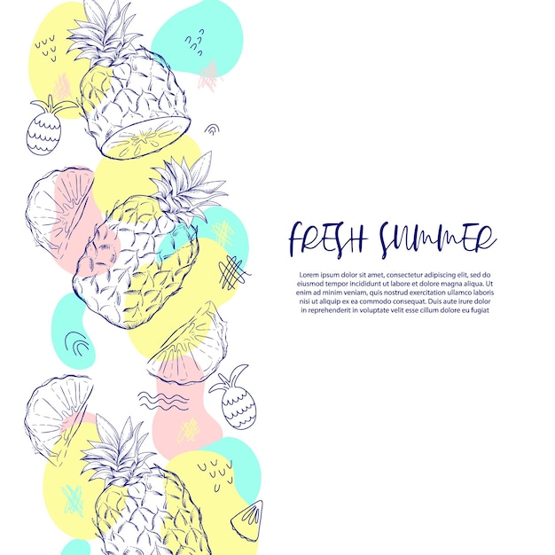 Summer banner or poster template with pineapple in hand drawn doodle style vector illustration