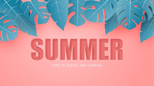 Vector summer banner or poster with tropical leaves on pink in paper cut style. digital craft paper art.