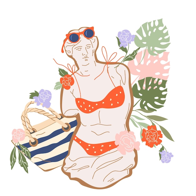 Summer banner or print for tshirt design with Greek sculpture of Venus goddess in swimsuit and beach accessories flat vector illustration isolated on white background