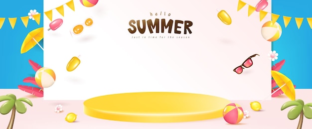 Summer banner template for promotion with product display andelements for beach party