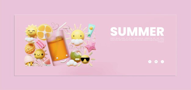 Vector summer banner template with fresh drink 3d illustration