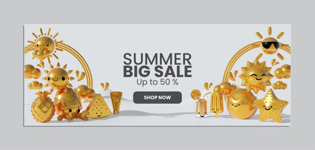 Summer Banner Template With Gold 3D Illustration