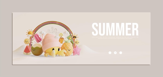 Summer banner template with hermit crab 3d illustration