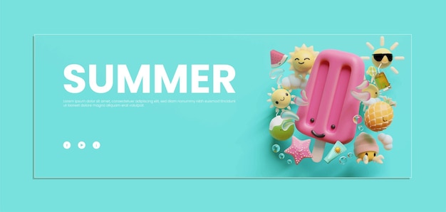 Vector summer banner template with popsicle 3d illustration