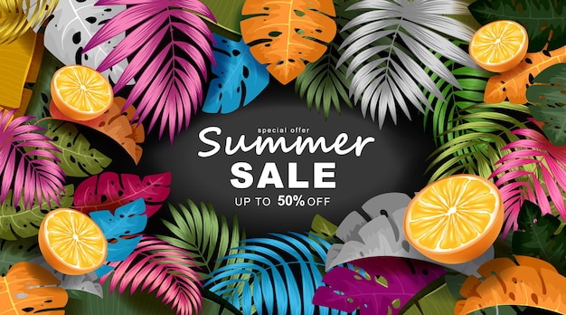 Summer banner template with Tropical leaves