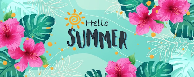 Vector summer banner with hibiscus flower and tropical leaf on light green abstract background