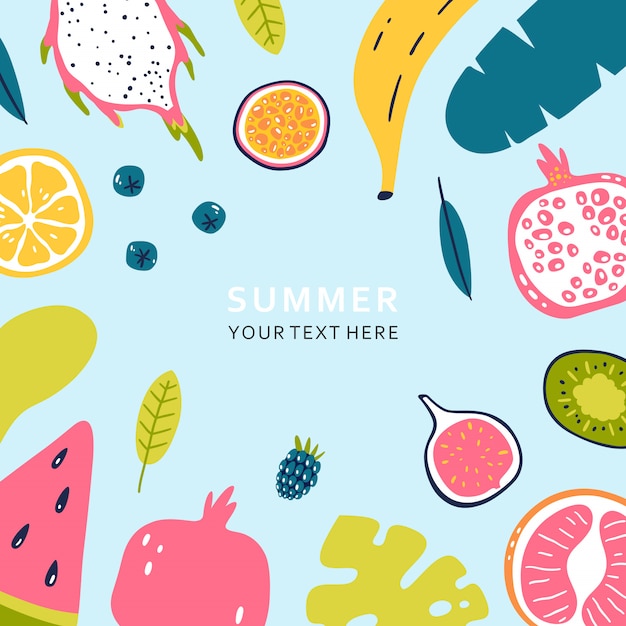 Summer banner with pieces of ripe fruit and berries isolated on blue background. Vector illustration.