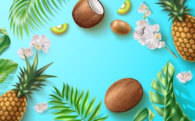 Summer banner with realistic fruits tropical flowers and leaves