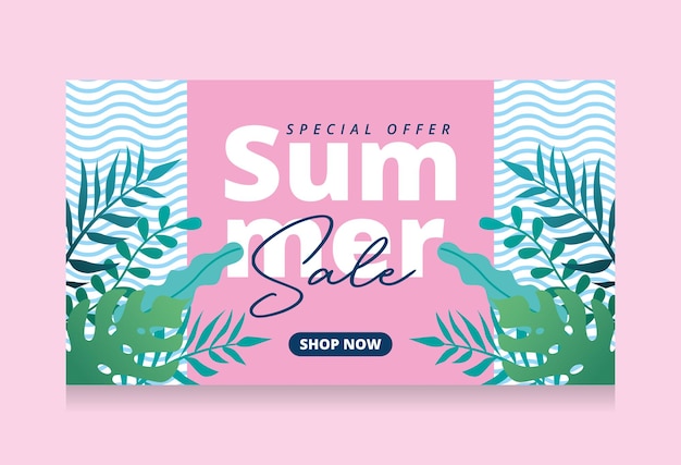 Summer banner with special offer sale with tropical leaves 