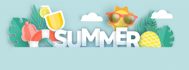 Summer banner with summer elements in paper cut style