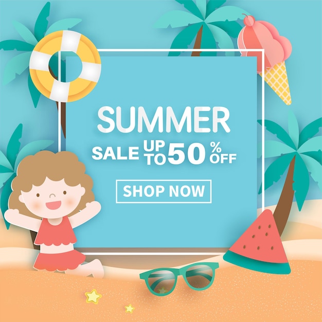 Summer banner with tropical flamingo and summer elements.