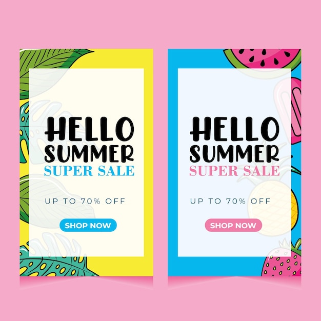 summer banners set with fruits and tropical leaves. super sale