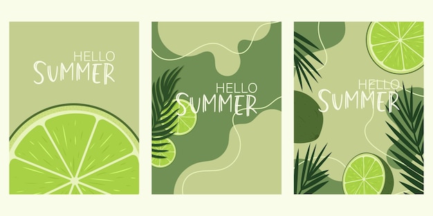 Вектор Набор летних баннеров с листьями и ломтиками лайма. набор отлично подходит для открыток, брошюр, листовок.