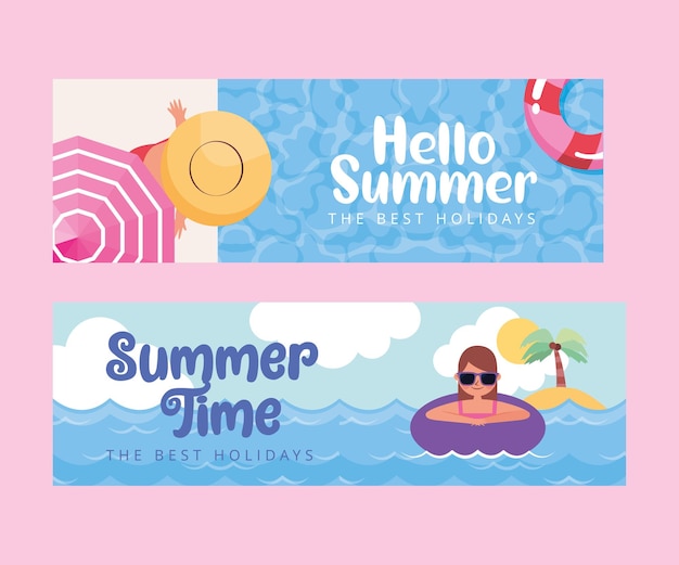 Summer banners with women in the beach cartoon 