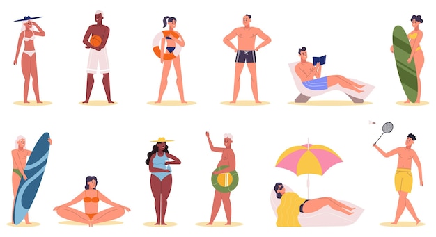 Personaggi di attività in spiaggia estiva persone che prendono il sole e nuotano attività in spiaggia per vacanze sport acquatici estremi o lettura di illustrazioni vettoriali set persone in spiaggia con tavola da surf badminton