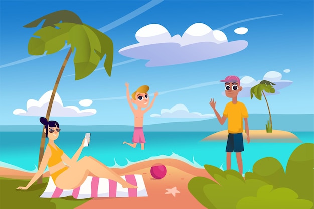 Summer beach background in flat cartoon design wallpaper with family resting at resort mom