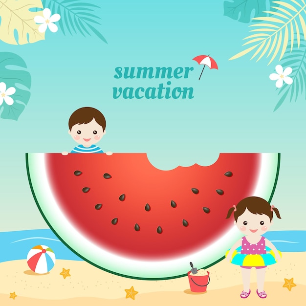 Summer beach background illustration template with kids and watermelon.