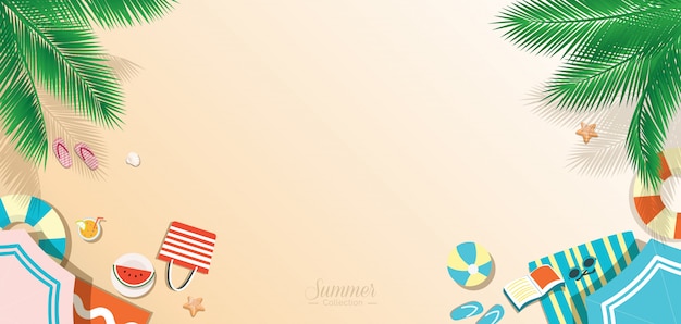 Vector summer beach background, top view panoramic