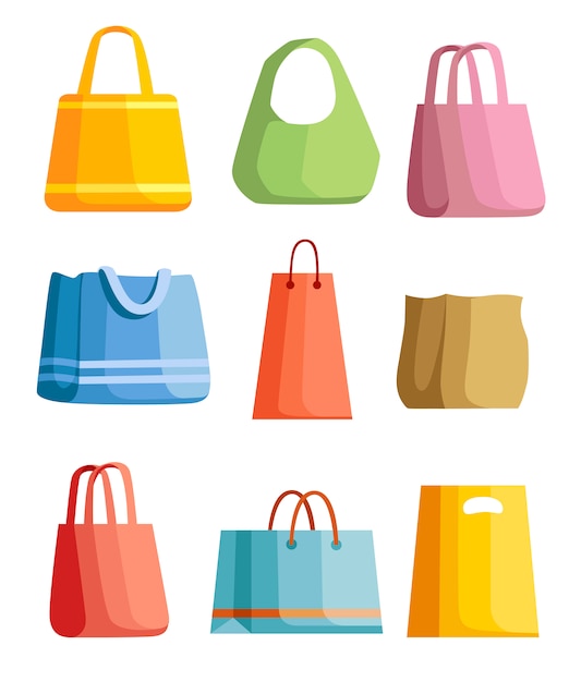 Набор летних пляжных сумок. иллюстрации женские летние сумки. эко упаковка, экологически чистый продукт. иллюстрация на белом фоне