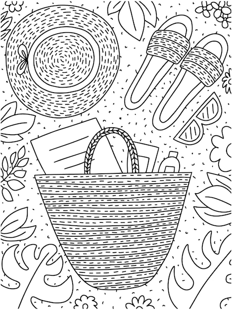 Pagina da colorare della spiaggia estiva con borsa da spiaggia cappello da sole e foglie di fiori vista dall'alto del vettore della pagina da colorare soleggiata carina disegnata a mano