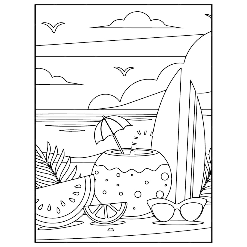 Premium Vector | Summer beach coloring pages for kids