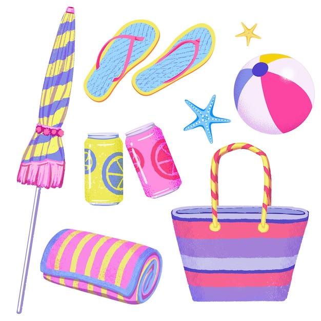 Summer Beach day elements vector set Umbrella flip flops Beach balloon bag towel