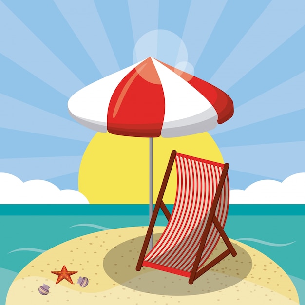 Summer beach design in the seashore with beach umbrella and chair