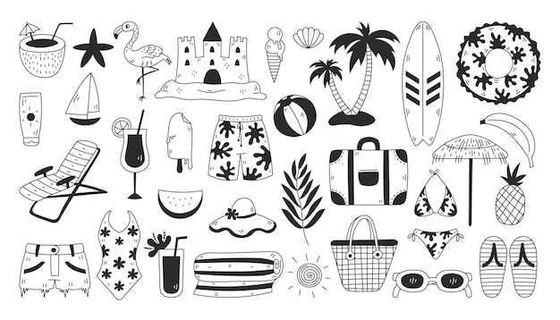 Летний пляж Doodle Элементы Set Летний контур иконы Векторная иллюстрация