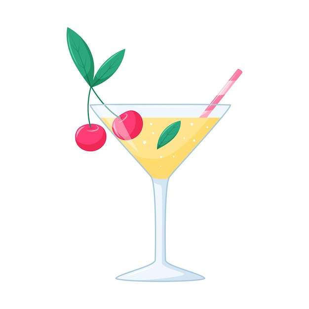 Summer beach drink with cherry berries in a transparent cocktail glass with a straw and leaves useful beverage in cartoon style on a white background vector illustration
