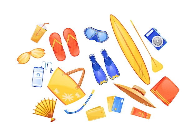 Summer beach essentials flat color objects set. Swimming fins. Surfing board. Travel equipment. Seaside journey checklist 2D isolated cartoon illustration on white background