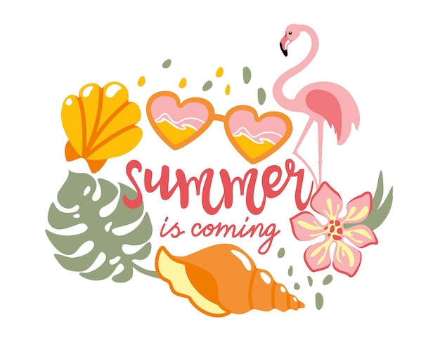 Summer beach exotic elements flamingo Summer print  Vector