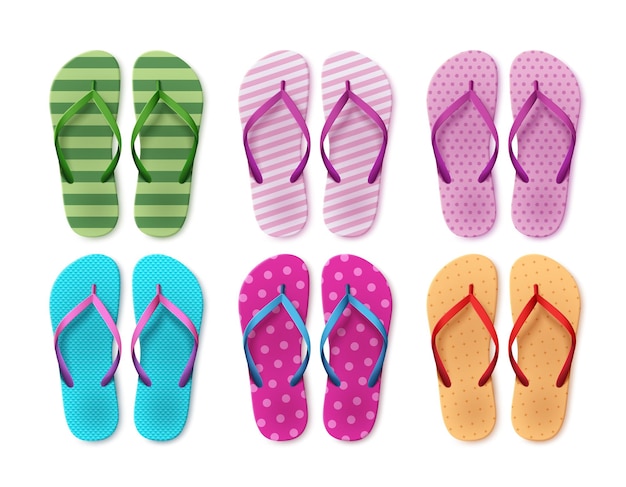 Summer beach flipflop vector set Summer colorful slippers collection for trip and travel fashion