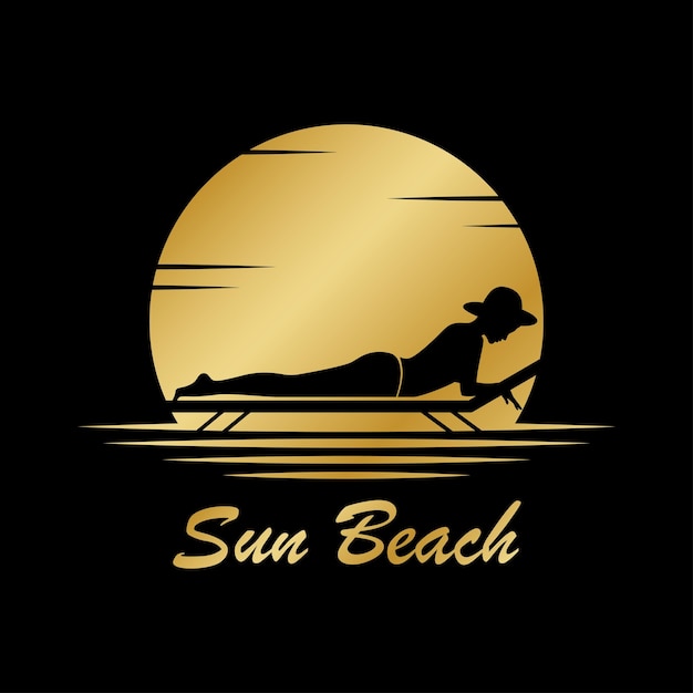 夏 ビーチ ゴールド ロゴ 太陽 リラックス イメージ 夕日 に 日光浴 を する 女性 休日 デザイン 黒い 背景