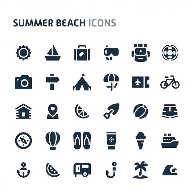 여름 해변 아이콘 세트입니다. Fillio Black 아이콘 시리즈.