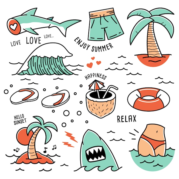 Summer beach icons hand drawn doodle