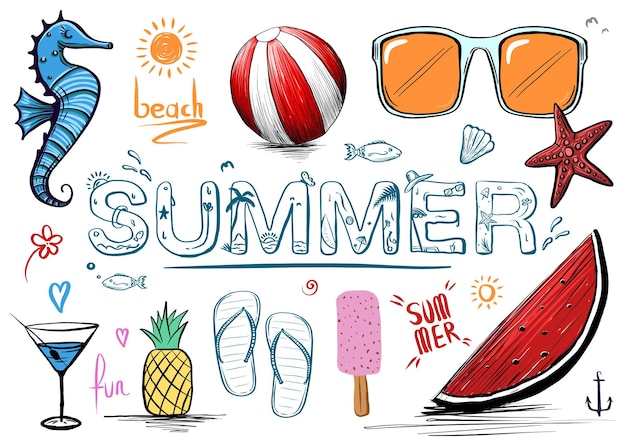 Vector summer and beach icons vector set with hand drawn foods drinks and vacation objects