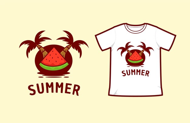 Summer beach island with coconut tree and watermelon slice vector illustration design