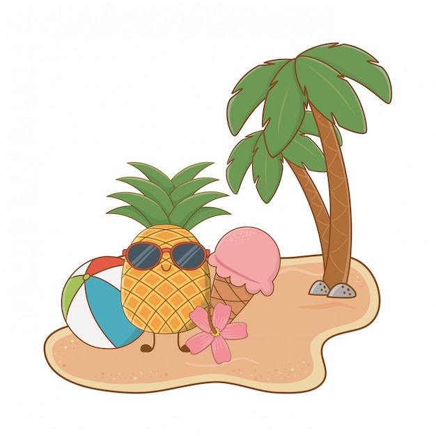 Summer and beach island with cute pineapple character