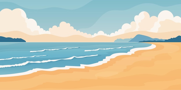 summer beach landscape flat vector illustration with ocean sand and clouds in minimal style