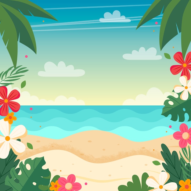 Summer beach landscape with floral frame.