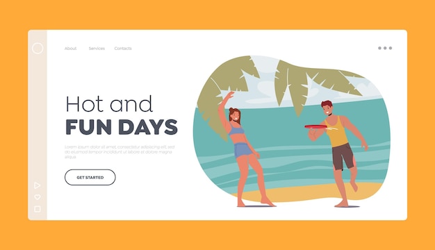 Summer Beach Leisure and Activities Landing Page Template Male and Female Characters Spend Time on Exotic Resort