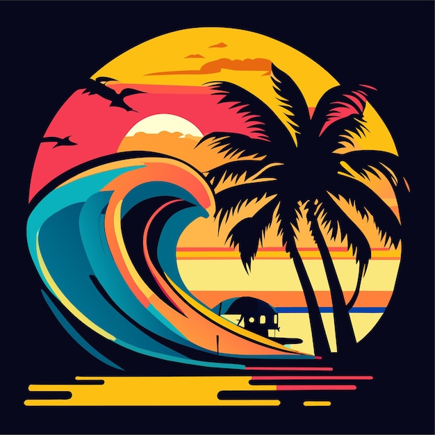 夏のビーチのロゴデザイン、tシャツデザイン、サーフボードデザイン