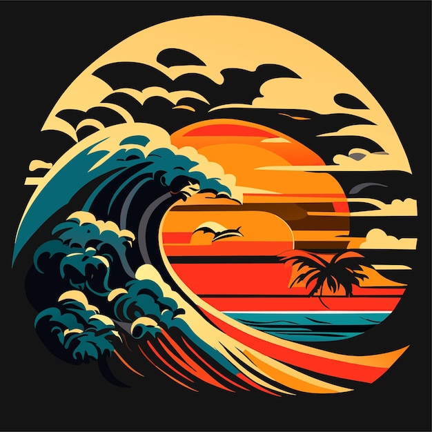 夏のビーチのロゴデザイン、Tシャツデザイン、サーフボードデザイン