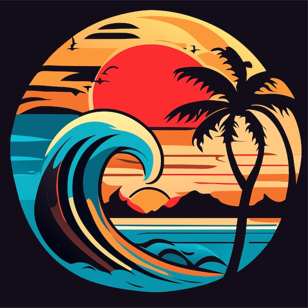 Дизайн логотипа летнего пляжа, дизайн футболки или дизайн доски для серфинга